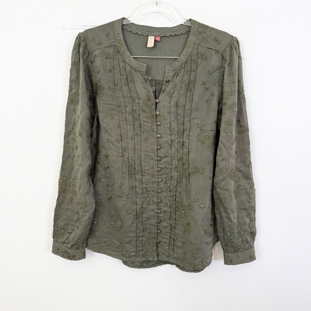 Anthropologie Pilcro Embroidered Button Front Blouse Olive Green Size S